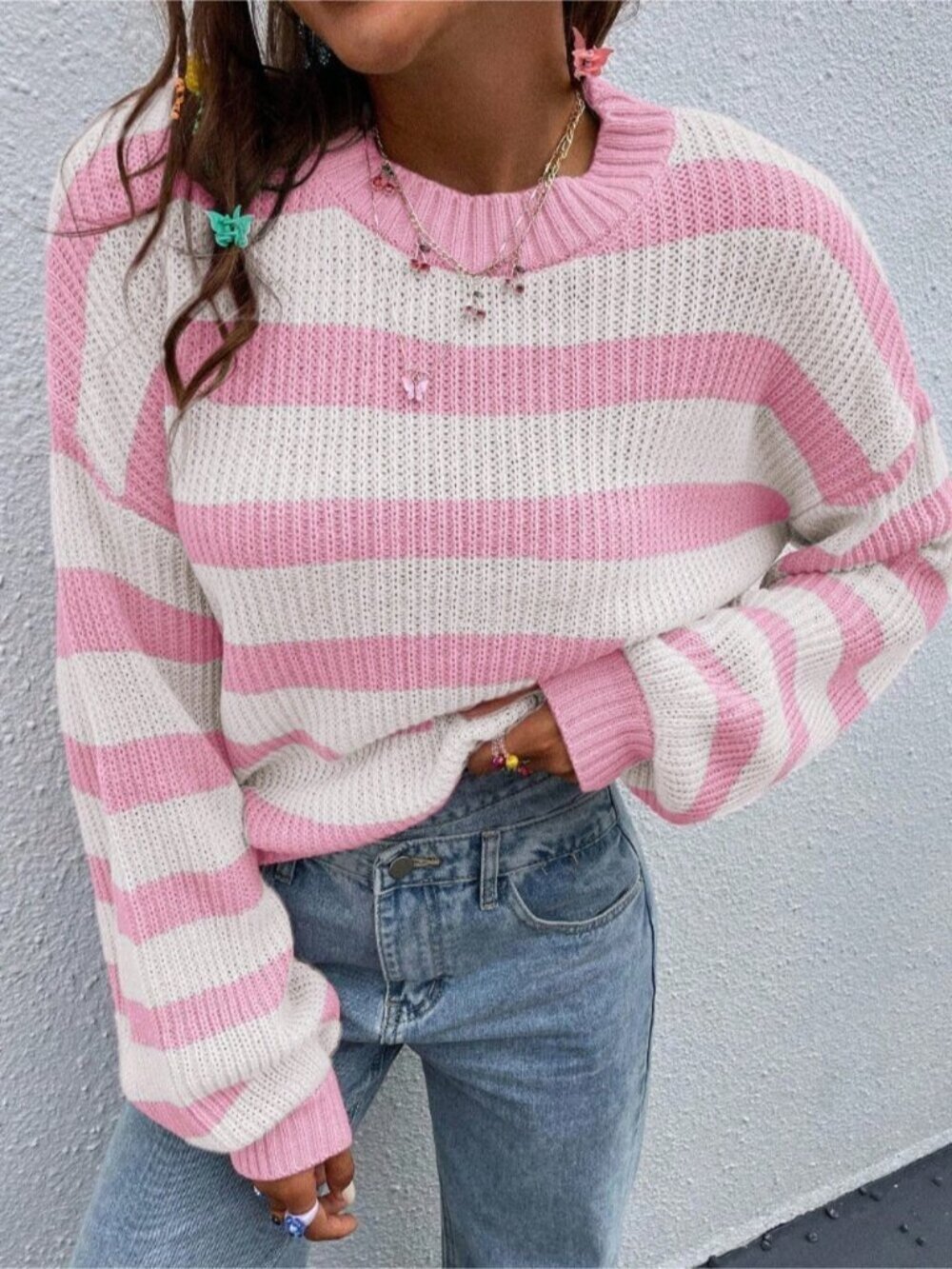 Multicolor Casual Women's Striped Dropped Shoulder Loose Pullover Sweater - Picture 5 of 8